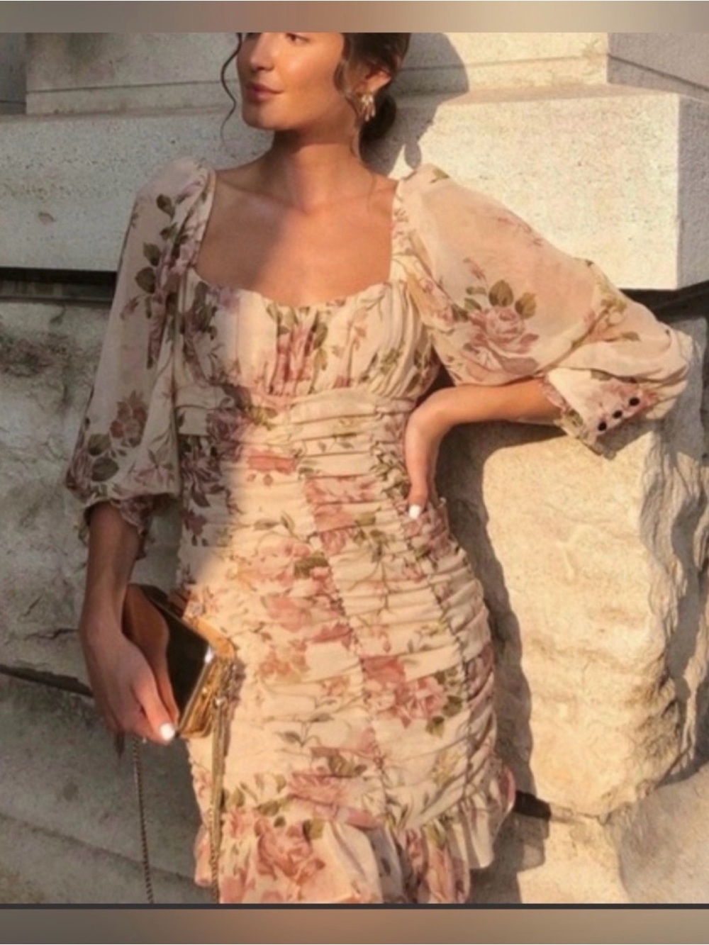 Zara Cream Floral Mini Dress with Pink & Green Accents M/L retail $100